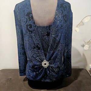 Blu Sage Navy Paisley Blouse with Brooch